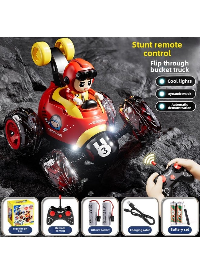 Children's Remote Control Car Electric Toy Racing Car Off-road Boy Stunt Car Tumble Toy Car Dump Car Birthday Gift-Color:Red Stunt Dumper Gift Box  Battery