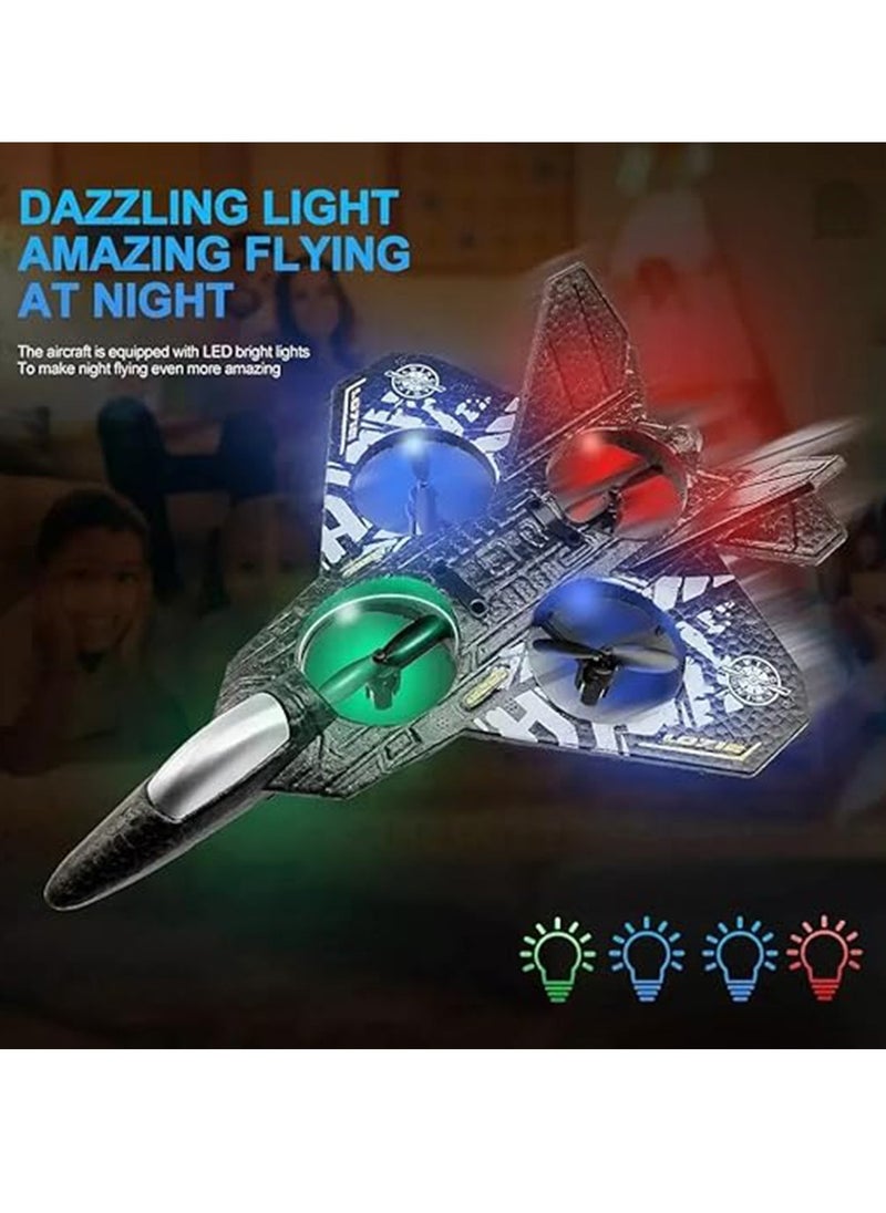 2.4GHz Remote Control RC Plane – Ready-to-Fly Quadcopter Fighter Aircraft with LED Lights, 360° Stunts, Auto Hovering, One-Key Takeoff/Landing, Headless Mode & 6-Axis Gyro for Beginners, Kids & Adults (USB Rechargeable, Durable EPP Foam)