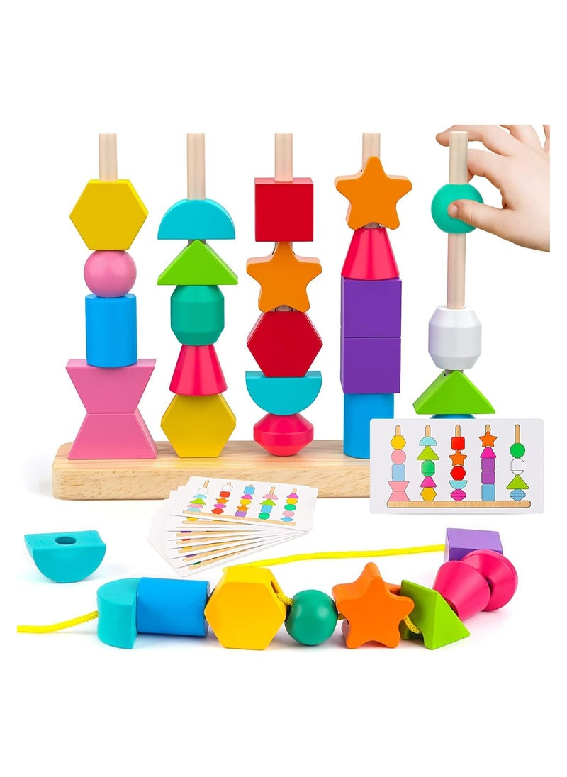 Wooden Beads Sequencing Toy Set, Lacing Beads  Matching Shape,Montessori Toys for 2 3 4 5 Year Old STEM Preschool Education Toys Gifts for Kids Boy Girl