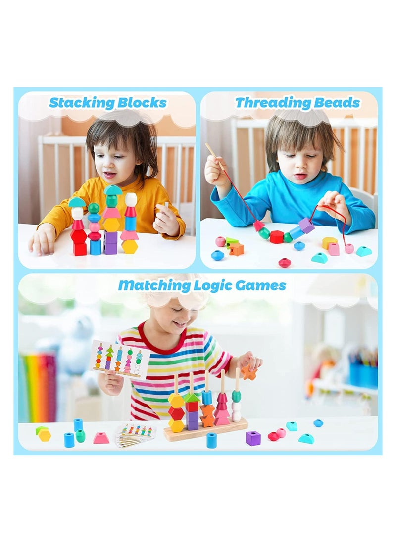 Wooden Beads Sequencing Toy Set, Lacing Beads  Matching Shape,Montessori Toys for 2 3 4 5 Year Old STEM Preschool Education Toys Gifts for Kids Boy Girl