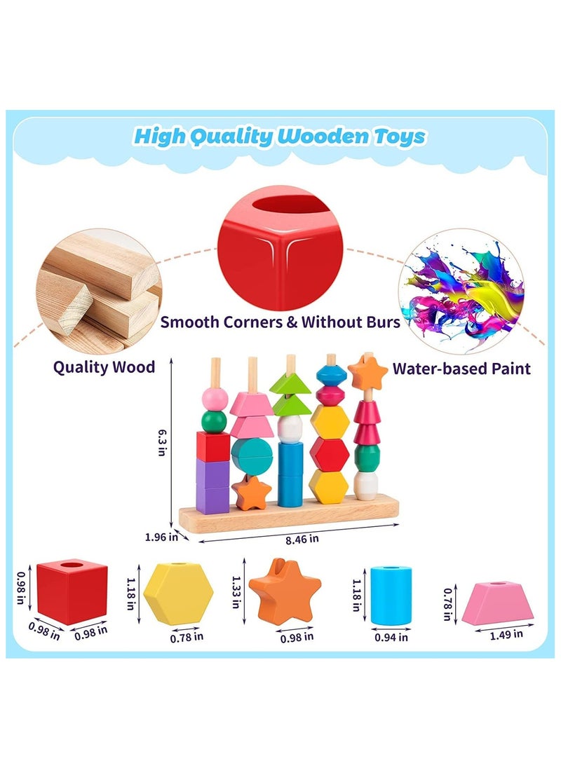 Wooden Beads Sequencing Toy Set, Lacing Beads  Matching Shape,Montessori Toys for 2 3 4 5 Year Old STEM Preschool Education Toys Gifts for Kids Boy Girl