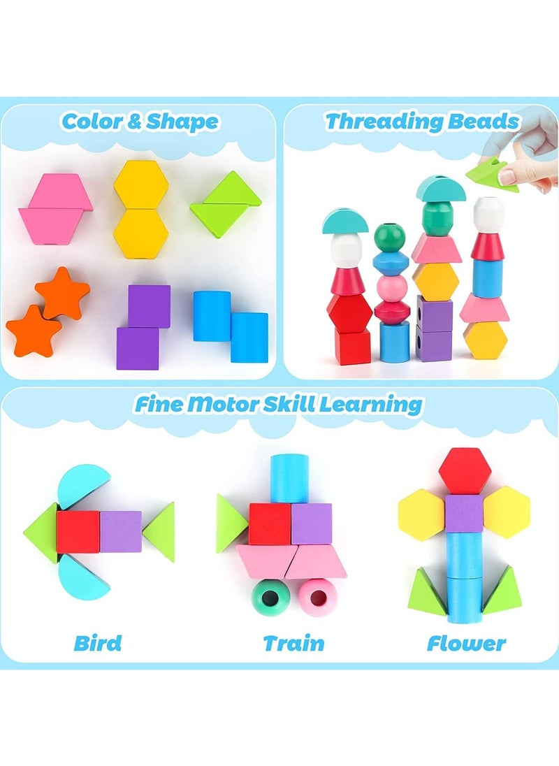 Wooden Beads Sequencing Toy Set, Lacing Beads  Matching Shape,Montessori Toys for 2 3 4 5 Year Old STEM Preschool Education Toys Gifts for Kids Boy Girl
