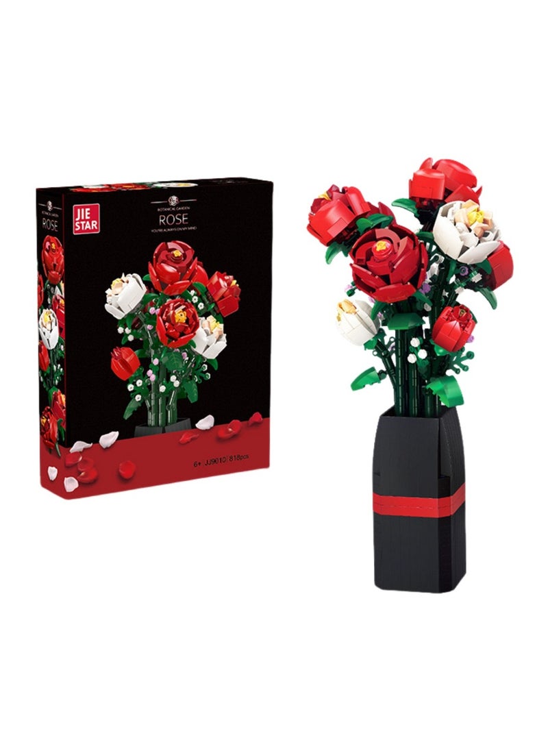 Flowers Bouquet Building Set (818 PCS)-Roses Toy Building Set with Vase, Roses Flower Bouquet Building Kit, Red Roses Artificial Flowers with Vase, Botanical Collection Forever Rose Toy for Adults,