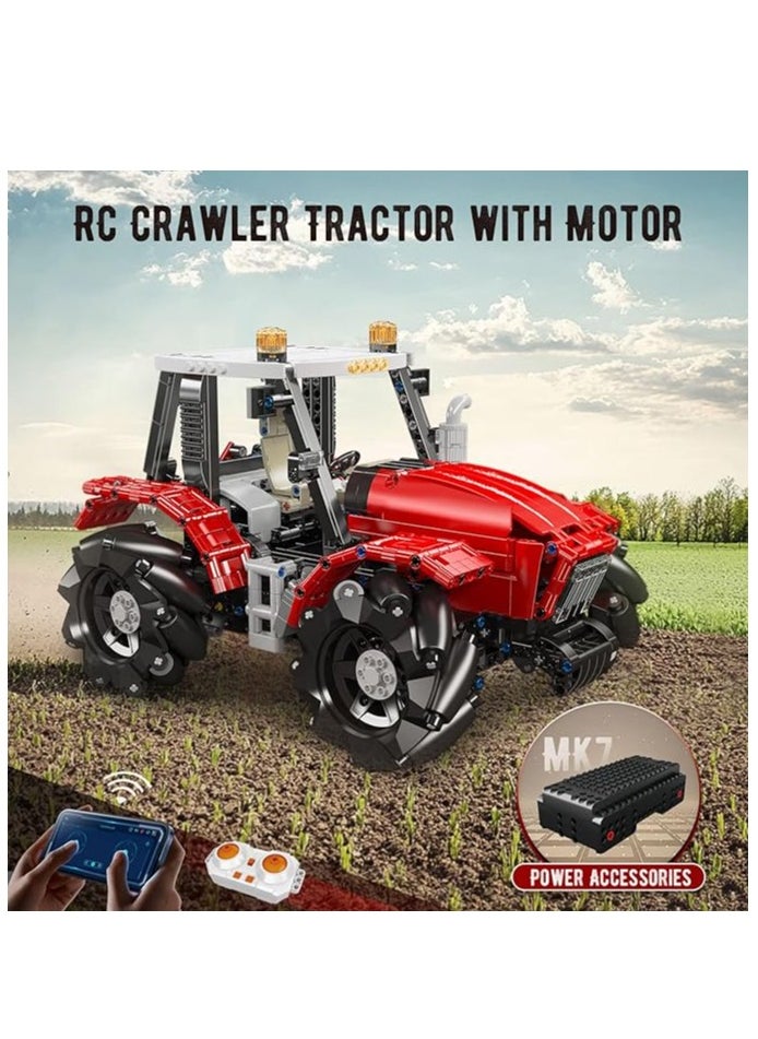 18037 Wheeled Tractor Building Block Kits, 360° Fully Movable Red Farm Tractor with Remote Control, STEM Farm Equipment Toys for Boys and Girls