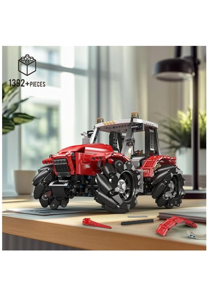 18037 Wheeled Tractor Building Block Kits, 360° Fully Movable Red Farm Tractor with Remote Control, STEM Farm Equipment Toys for Boys and Girls