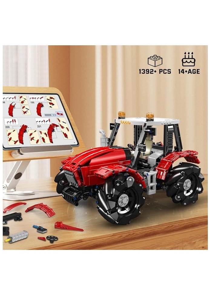 18037 Wheeled Tractor Building Block Kits, 360° Fully Movable Red Farm Tractor with Remote Control, STEM Farm Equipment Toys for Boys and Girls