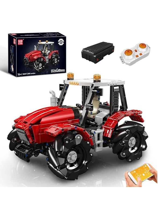 18037 Wheeled Tractor Building Block Kits, 360° Fully Movable Red Farm Tractor with Remote Control, STEM Farm Equipment Toys for Boys and Girls