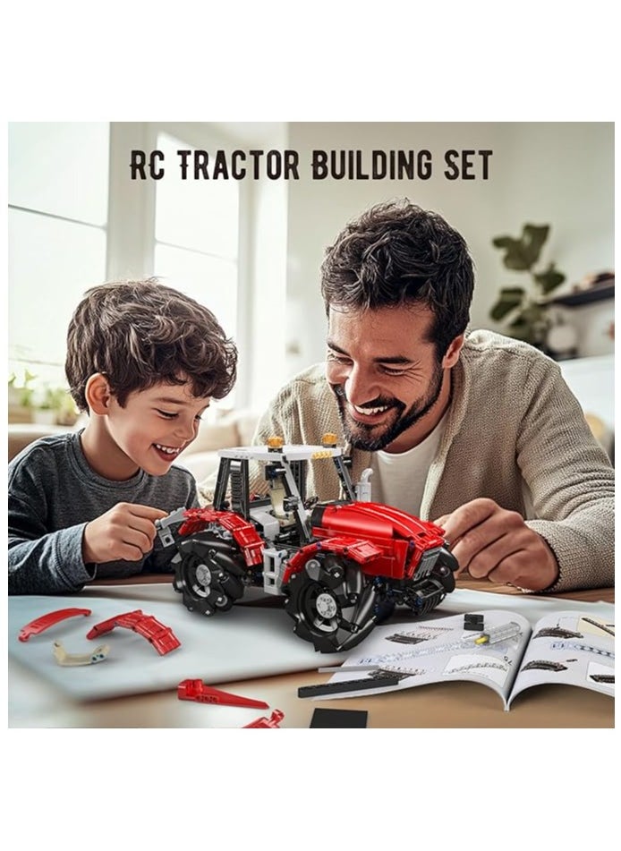 18037 Wheeled Tractor Building Block Kits, 360° Fully Movable Red Farm Tractor with Remote Control, STEM Farm Equipment Toys for Boys and Girls