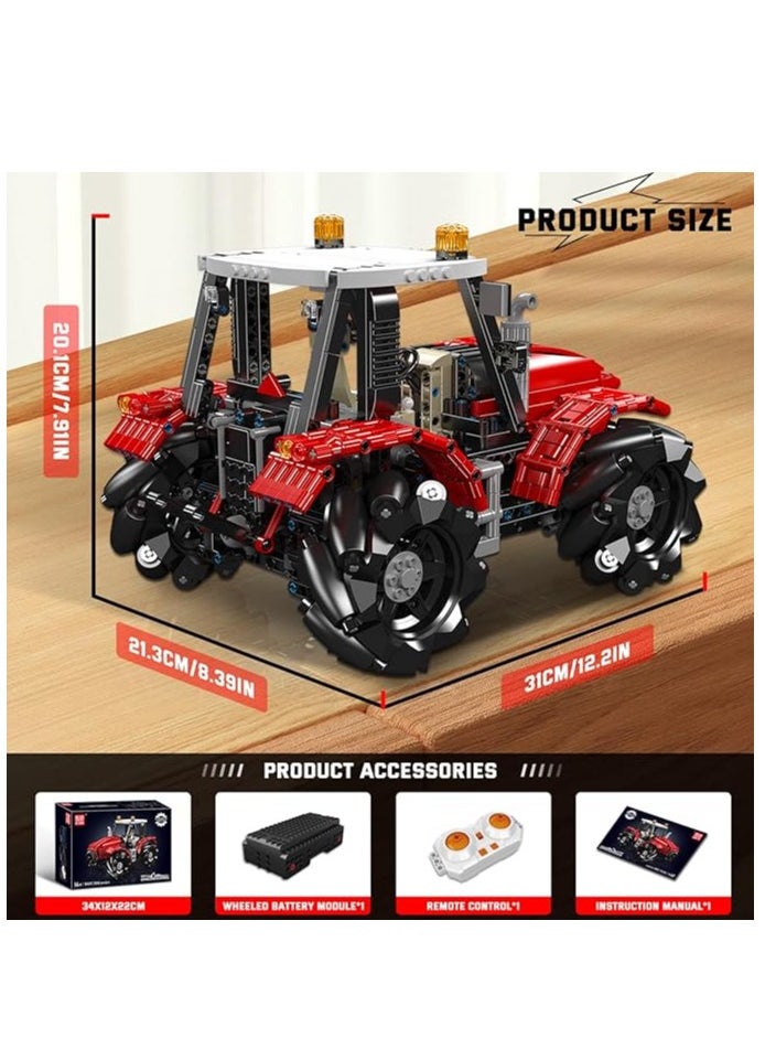 18037 Wheeled Tractor Building Block Kits, 360° Fully Movable Red Farm Tractor with Remote Control, STEM Farm Equipment Toys for Boys and Girls