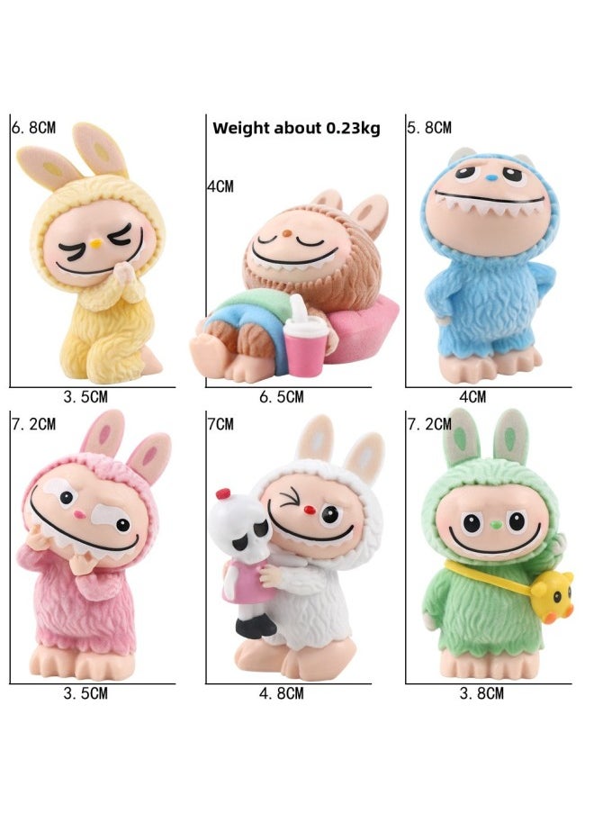 Labubu Labubu Doll Hand-made Blind Box Cartoon Internet Red Gashapon Doll Desktop Collection Ornaments Wholesale-Color:Flocking Brush Cloth Bu6-piece Set (bag)