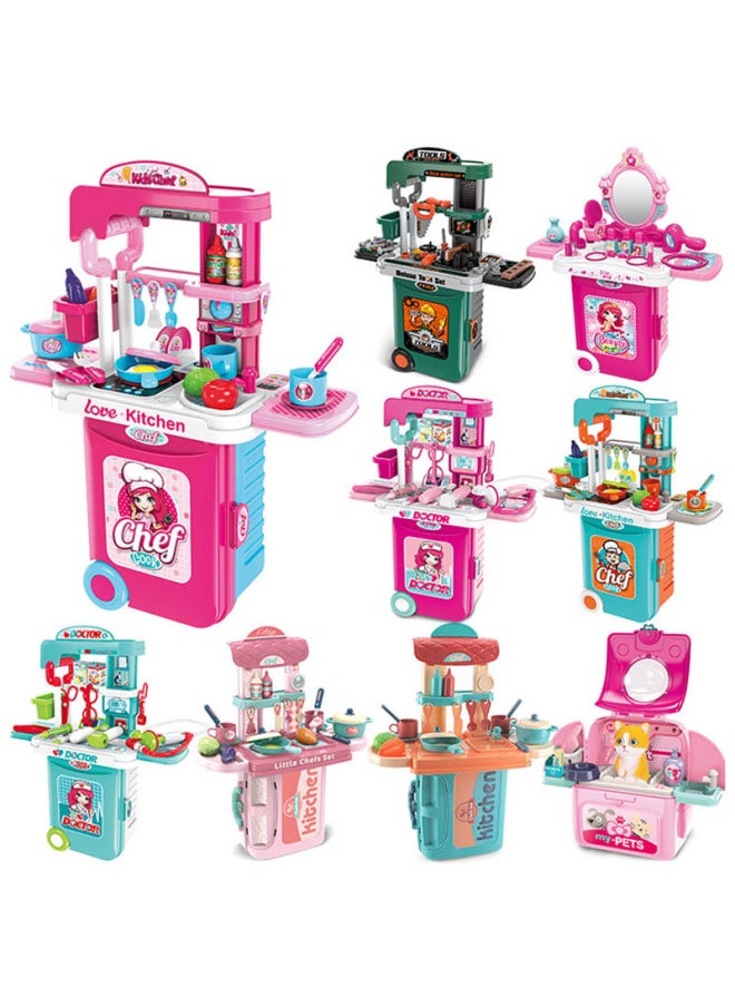 Children's Simulation Play-in Medical Tools Kitchenware Maintenance Tools Dressing Table Pet Backpack Storage Trolley Case Toy-Color:008-951A Kitchen Trolley Case