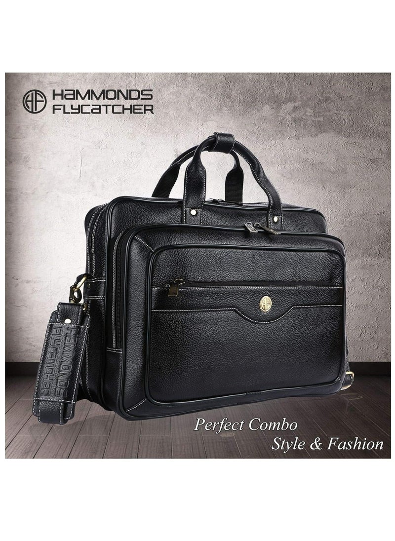 Laptop Bag for Men - Leather - Fits 14/15.6/16 Inch Laptop - Black - Office Bag, Messenger & Shoulder Bag - Executive Bag for Office Use & Travel - Expandable Leather Bag LB162BL