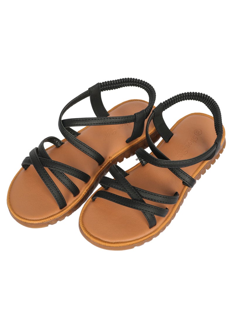 Ladies Flat Sandal Black/Tan with straps Open Toe, Casual, Soft