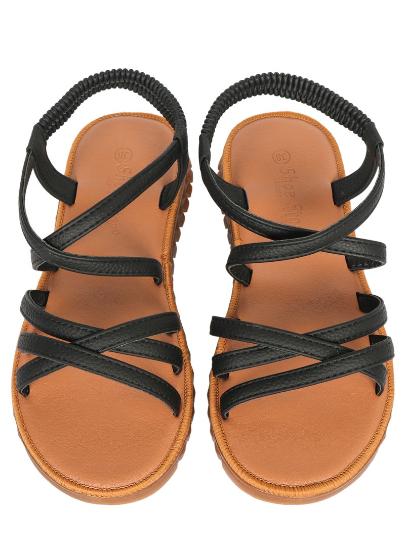 Ladies Flat Sandal Black/Tan with straps Open Toe, Casual, Soft