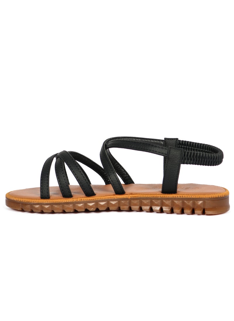 Ladies Flat Sandal Black/Tan with straps Open Toe, Casual, Soft
