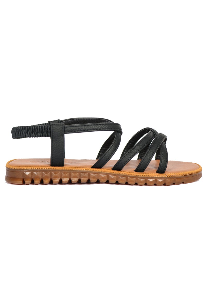 Ladies Flat Sandal Black/Tan with straps Open Toe, Casual, Soft
