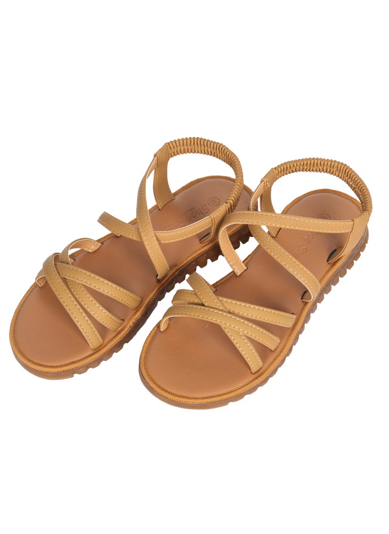 Ladies Flat Sandal Camel/Tan with straps Open Toe, Casual, Soft