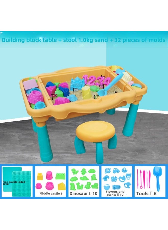 Children's Space Toy Sand Table Set Indoor Play Color Sand Boys And Girls Safety Baby Clay Color Mud Building Blocks Table-Specifications:Playing With Sand Table + Stool +2kg [soil Color] Sand To Send 32 Molds