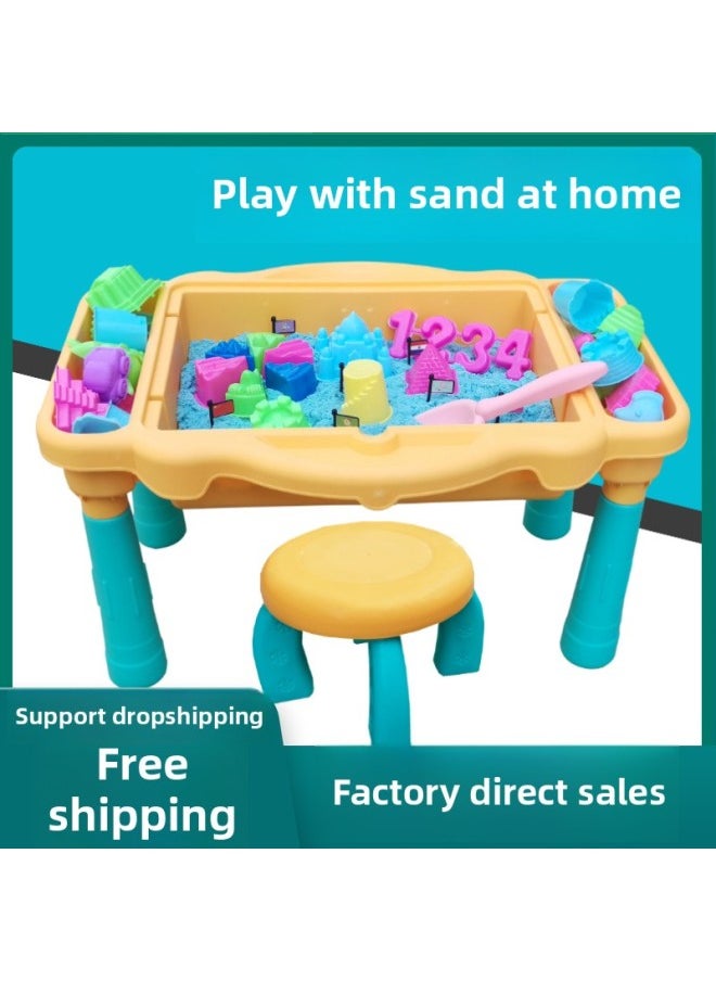 Children's Space Toy Sand Table Set Indoor Play Color Sand Boys And Girls Safety Baby Clay Color Mud Building Blocks Table-Specifications:Play Sand Table + Stool +2kg [Purple] Sand To 32 Molds