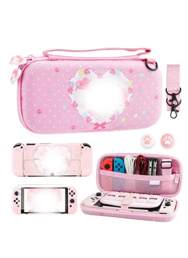 Pink Carrying Case with Bunny Pattern for Nintendo Switch OLED, Hard Storage Case for Switch OLED with Hard Protective Case, Shoulder Strap, Hand Strap, Screen Protector and 2 Thumb Caps