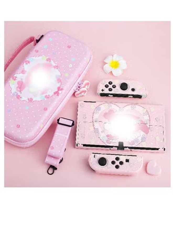 Pink Carrying Case with Bunny Pattern for Nintendo Switch OLED, Hard Storage Case for Switch OLED with Hard Protective Case, Shoulder Strap, Hand Strap, Screen Protector and 2 Thumb Caps