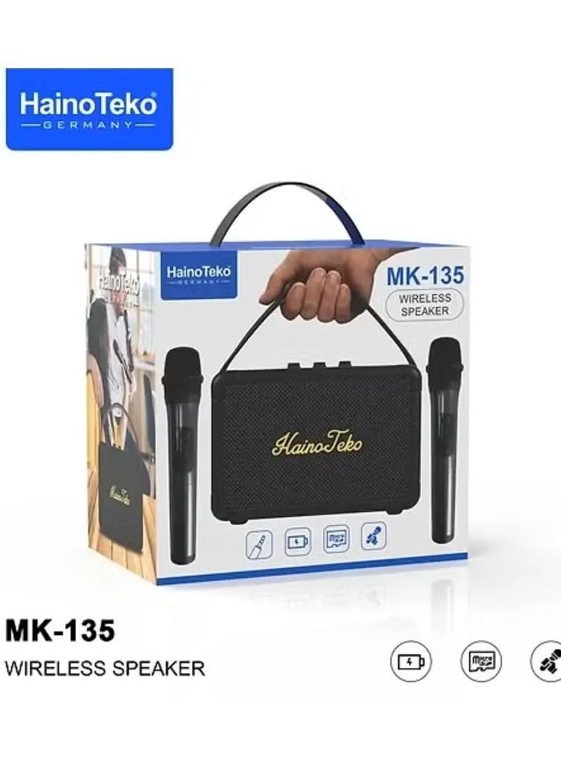MK-135 Splash Proof Wireless Speaker with 2 Wireless Mics – Portable Bluetooth Speaker with Waterproof Design, Powerful Sound, Hands-Free Calling, Ideal for Parties, Karaoke, Outdoor Events & More