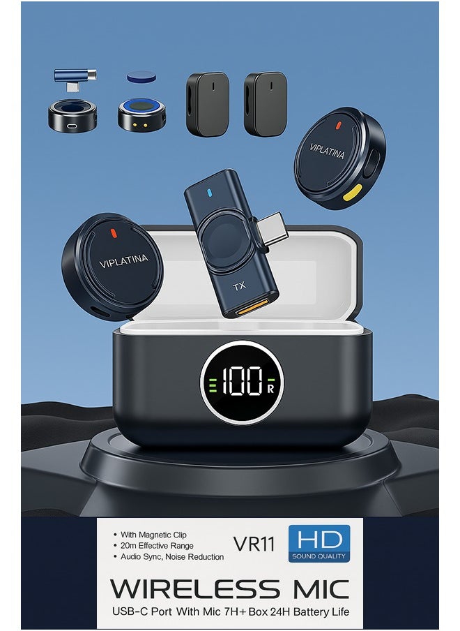 VIPLATINA  VR11 WIRELESS MIC, HD Sound Quality, USB-C Port with Mic 7H+Box 24H Battery Life, Wireless Lavalier Microphone for iPhone/Android, With Lightning/USB-C Plug-Play wireless microphones with Noises Cancellation, Omnidirectional Condenser Mic for Video Recording, Podcast, Vlog