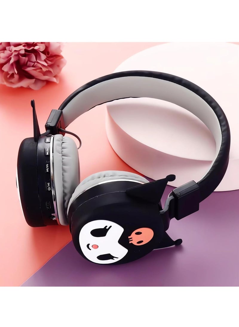 Cartoon Cute Bluetooth Headset Wireless Headset Super Long Standby Life Cartoon Folding Stereo Heavy Bass Headphones (Black Kuromi)