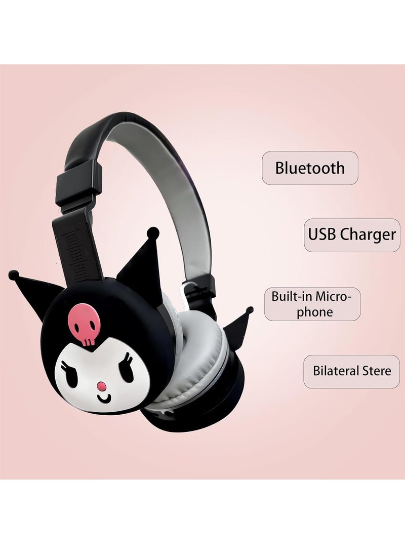Cartoon Cute Bluetooth Headset Wireless Headset Super Long Standby Life Cartoon Folding Stereo Heavy Bass Headphones (Black Kuromi)