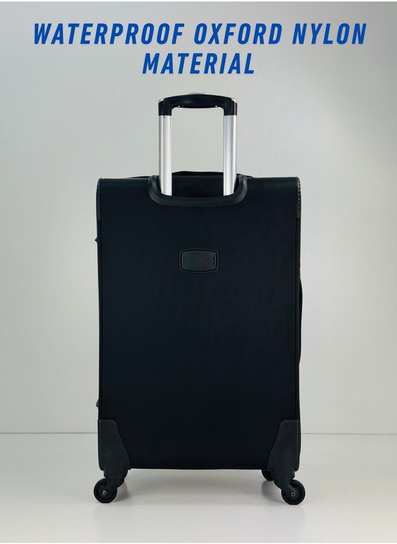 3-Piece Softside Expandable Luggage Set – Lightweight Nylon-Cotton Travel Suitcase with Combination Lock, 360° Rotating Spinner Wheels, Durable Water proof Fabric, Adjustable Telescopic Handle, Large, Medium & Carry-On Trolley Suitcase Bags (20''/24''/28'') – BLACK