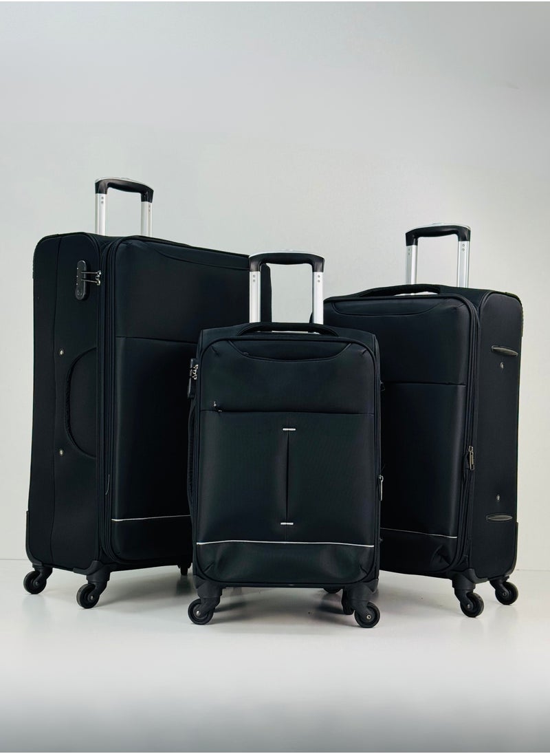 3-Piece Softside Expandable Luggage Set – Lightweight Nylon-Cotton Travel Suitcase with Combination Lock, 360° Rotating Spinner Wheels, Durable Water proof Fabric, Adjustable Telescopic Handle, Large, Medium & Carry-On Trolley Suitcase Bags (20''/24''/28'') – BLACK