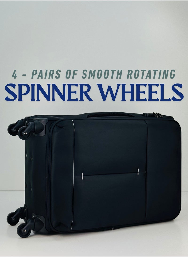 3-Piece Softside Expandable Luggage Set – Lightweight Nylon-Cotton Travel Suitcase with Combination Lock, 360° Rotating Spinner Wheels, Durable Water proof Fabric, Adjustable Telescopic Handle, Large, Medium & Carry-On Trolley Suitcase Bags (20''/24''/28'') – BLACK