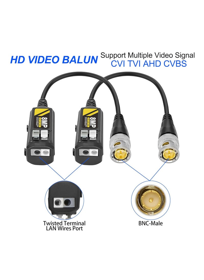 2 Pairs 8MP Passive HD BNC Video Balun Connectors Passive AHD TVI CVI CVBS Transceiver Transmitter for  CCTV Security Cameras