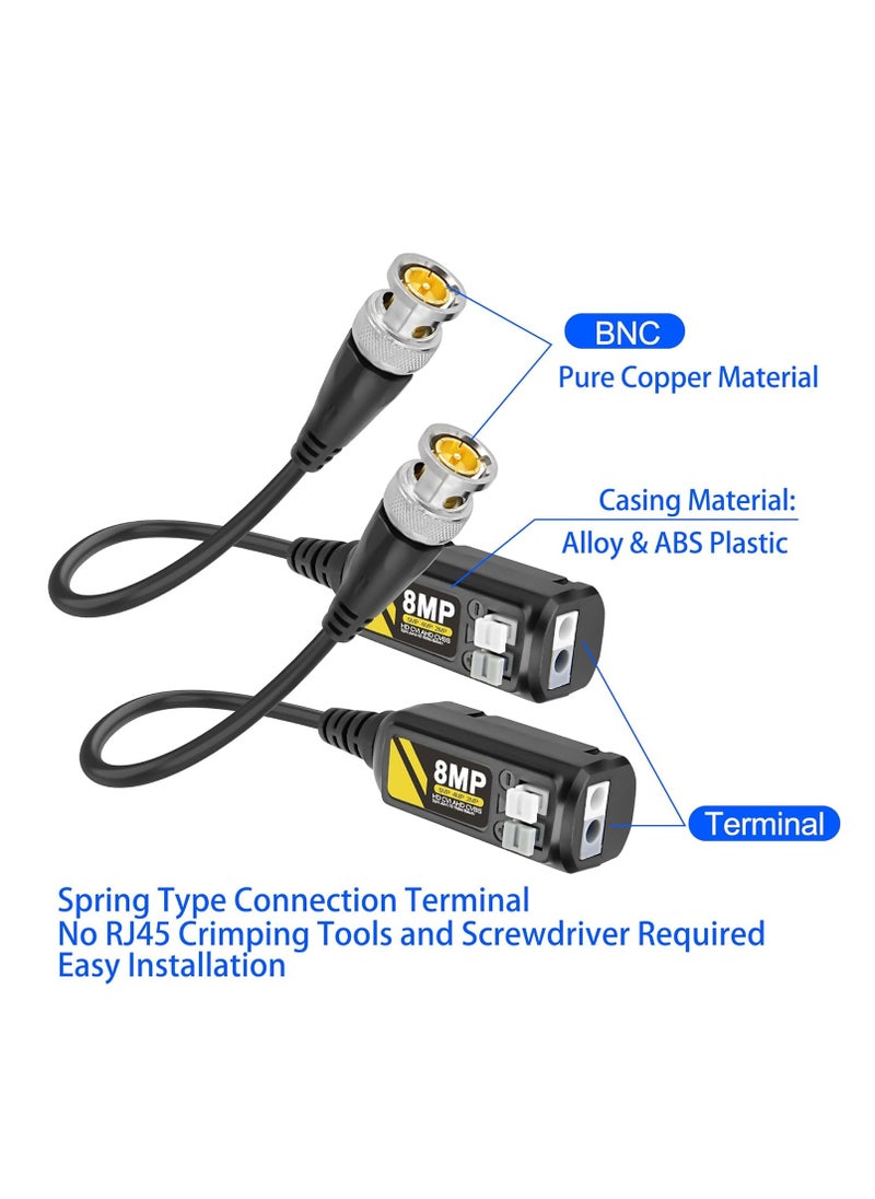 2 Pairs 8MP Passive HD BNC Video Balun Connectors Passive AHD TVI CVI CVBS Transceiver Transmitter for  CCTV Security Cameras