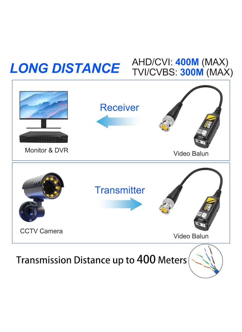 2 Pairs 8MP Passive HD BNC Video Balun Connectors Passive AHD TVI CVI CVBS Transceiver Transmitter for  CCTV Security Cameras