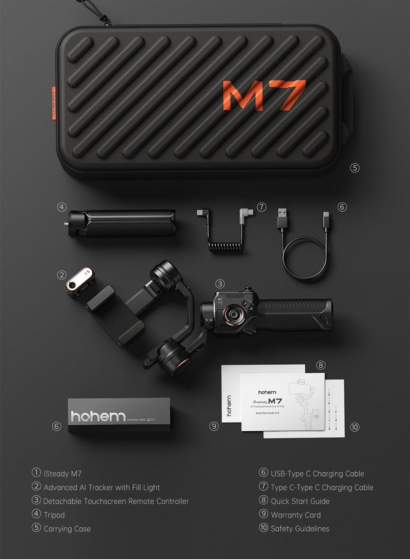 Hohem iSteady M7 Gimbal Stabilizer for Smartphone, Magnetic AI Tracker Fill Light, Detachable Touchscreen Remote Controller, Built-in Extension Rod, 500g Payload
