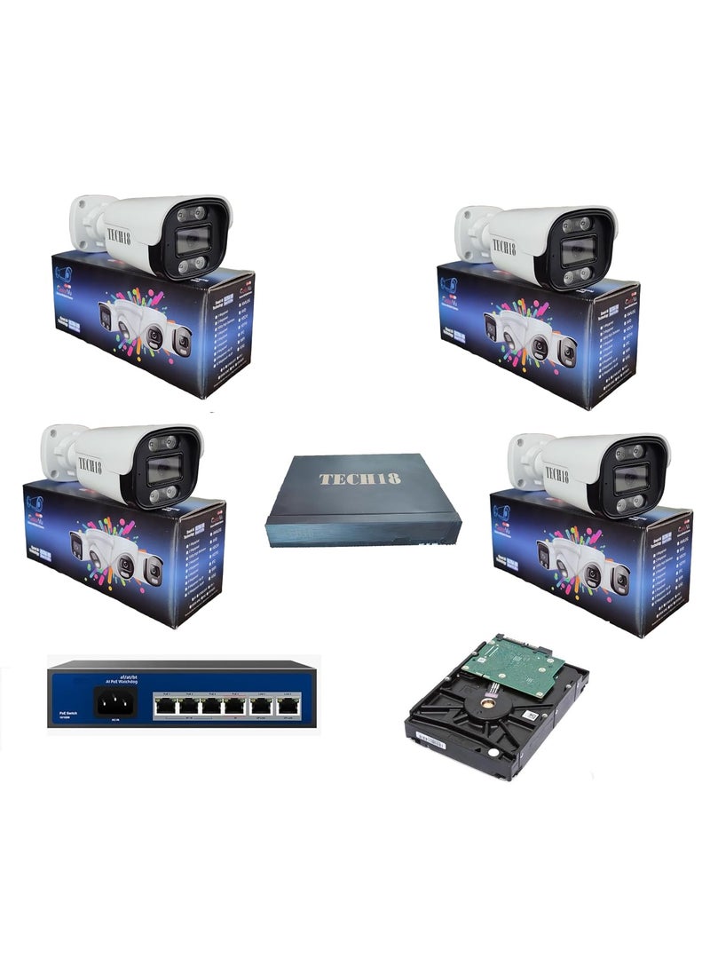TECH18 IP Camera Set 4pc 8MP Bullet IP Cameras with 16CH 4K NVR 4CH PoE Switch and 1TB Hard Drive Best for Home Office Factory