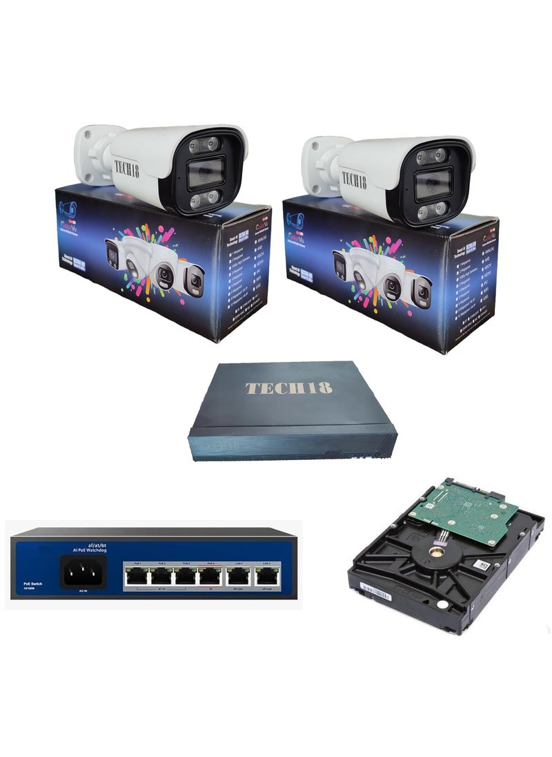 TECH18 IP Camera Set 2 8MP Bullet IP Cameras with 16CH 4K NVR 4CH PoE Switch and 1TB Hard Drive Best for Home Office Factory
