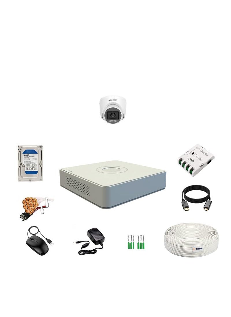 Clocite HIKVISION Full HD 4 Channel DVR 2 MP 1 Dome Cameras Color Night Vision Builtin Audio MIC Smart Dual Light Motion Detection 500 GB HDD 4 CH SMPS CCTV Cable BNC DC