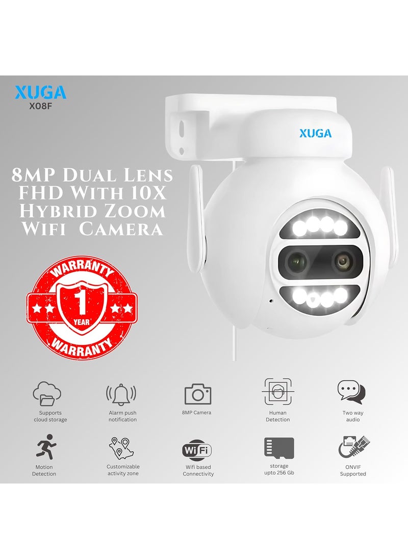 XUGA 8MP WiFi Pan Tilt Zoom Full HD CCTV AI Smart Outdoor Security Camera AI Enabled Human Detection 10X Hybrid Zoom Motion Tracking 2Way Audio Color Night Vision Up to 256GB SD Card X08F