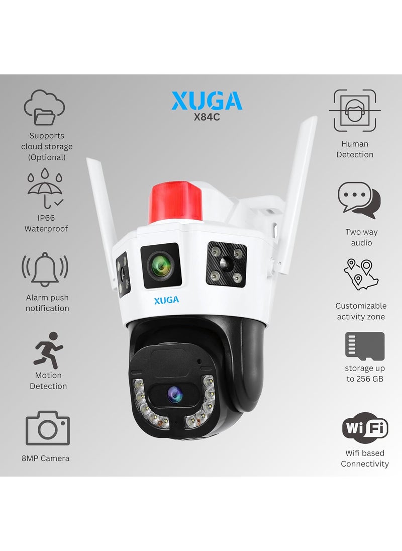 XUGA 8MP Ultra HD PTZ AI WiFi CCTV Outdoor Dual Lens Linkage Camera Colour Night Vision 2 Way Talk HumanMotion Detect Alarm IP66 Waterpoof Weatherproof Support SD Upto 256GB X84C