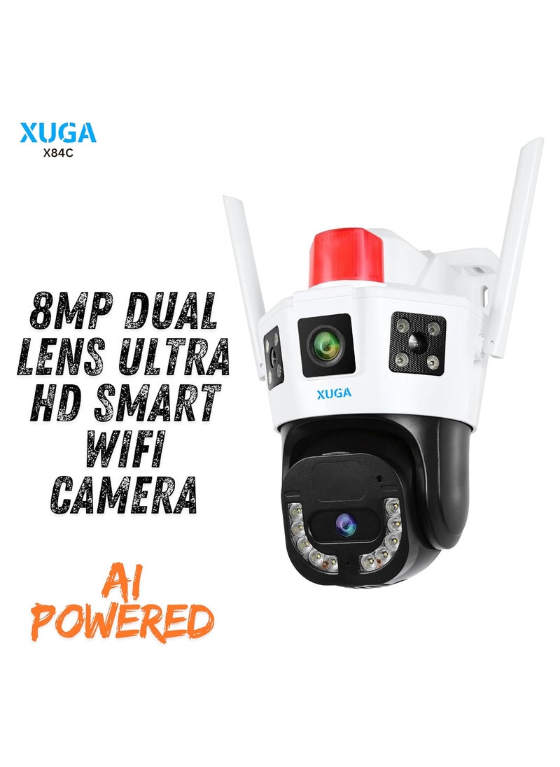 XUGA 8MP Ultra HD PTZ AI WiFi CCTV Outdoor Dual Lens Linkage Camera Colour Night Vision 2 Way Talk HumanMotion Detect Alarm IP66 Waterpoof Weatherproof Support SD Upto 256GB X84C