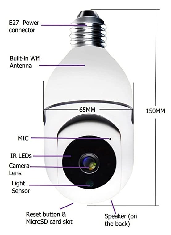 JKPlus Security WiFi Outdoor Wireless 2MP CCTV Bulb Camera Full HD 1080P IP Camera Home Surveillance CCTV Cameras with Motion Detection AlarmNight VisionRemote Viewing_Two Way Audio PTZ Dome Camera