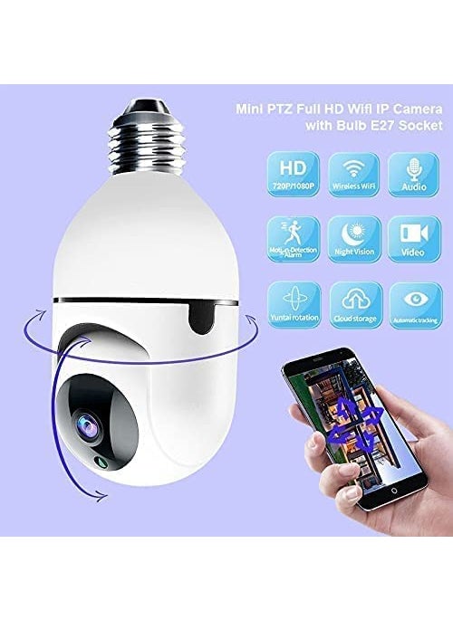 JKPlus Security WiFi Outdoor Wireless 2MP CCTV Bulb Camera Full HD 1080P IP Camera Home Surveillance CCTV Cameras with Motion Detection AlarmNight VisionRemote Viewing_Two Way Audio PTZ Dome Camera