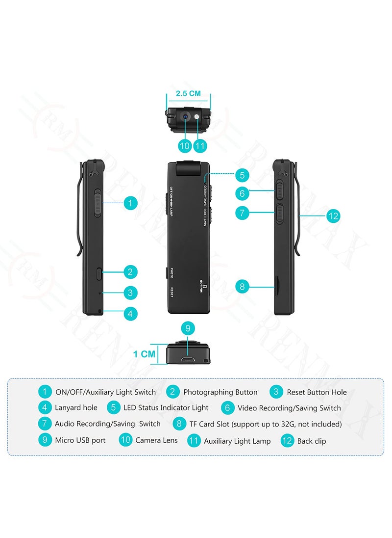 RENMAX 5MP HD 1080P Mini Pocket Camera Led Flash Rechargeable Metal Black 1 Pc