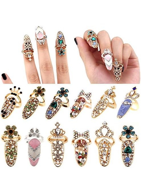 12pcs Women Fashion Bowknot Nail Ring Charm Crown Flower Crystal Finger Nail Rings