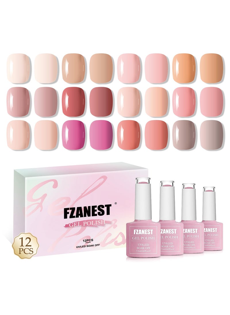 FZANEST Hema Free Gel Polish Set,12pcs Nude Pink Beige Pastel Color Gel Nail Polish Kit for DIY Nail Art Manucure at Home Salon
