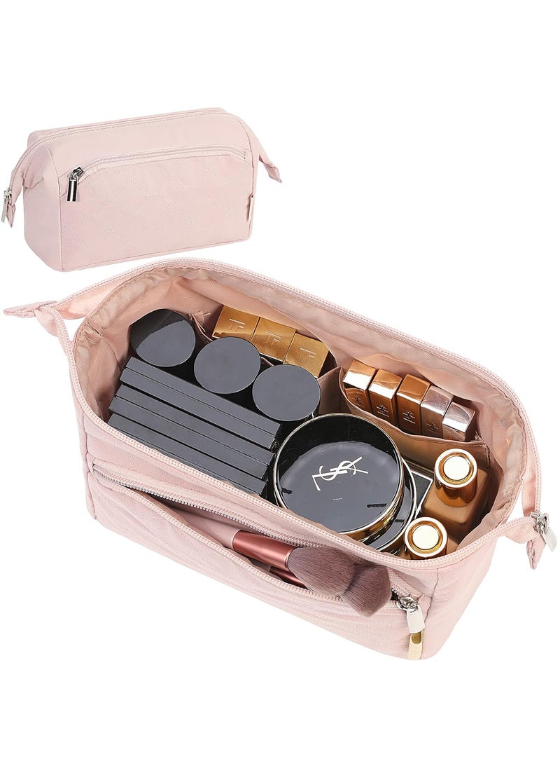 NISHEL Travel Makeup Bag for Women with Front Pockets, Large Wide-open Case, Portable Organizer To Hold Travel-Size Accessory Bottles, Cosmetics, Brushes, Skincare Products, Pink