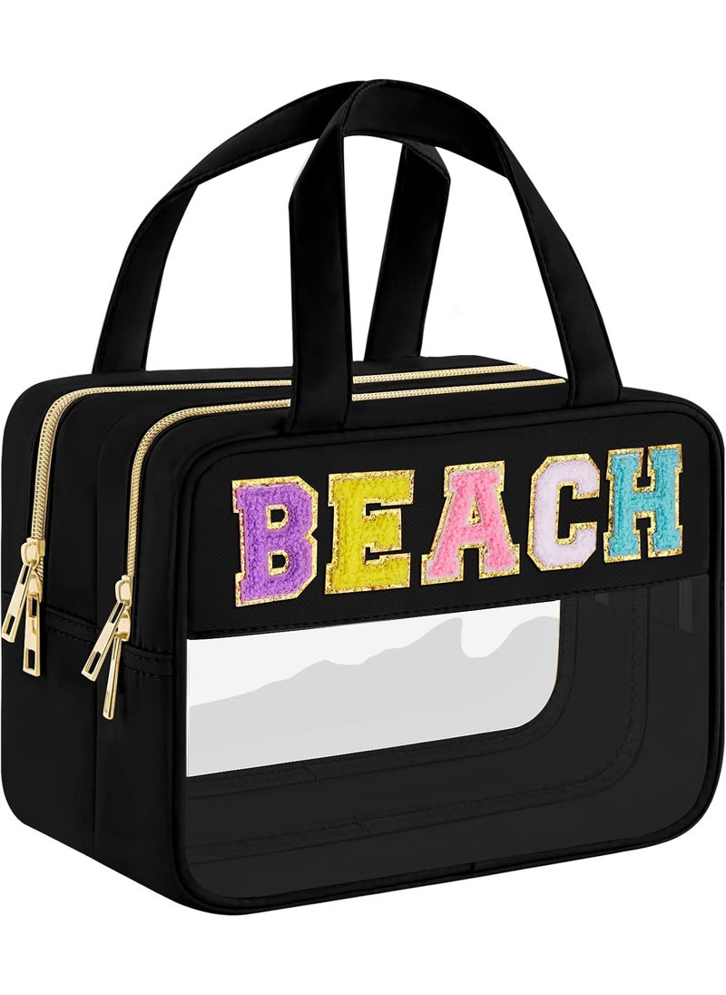 Chenille Letter Clear Makeup Bag, Preppy Cosmetic Bag with Zipper, Stuff Bag Waterproof Sunscreen Bag Travel Toiletry Pouch for Women and Girls (Black 3, Plus Size)