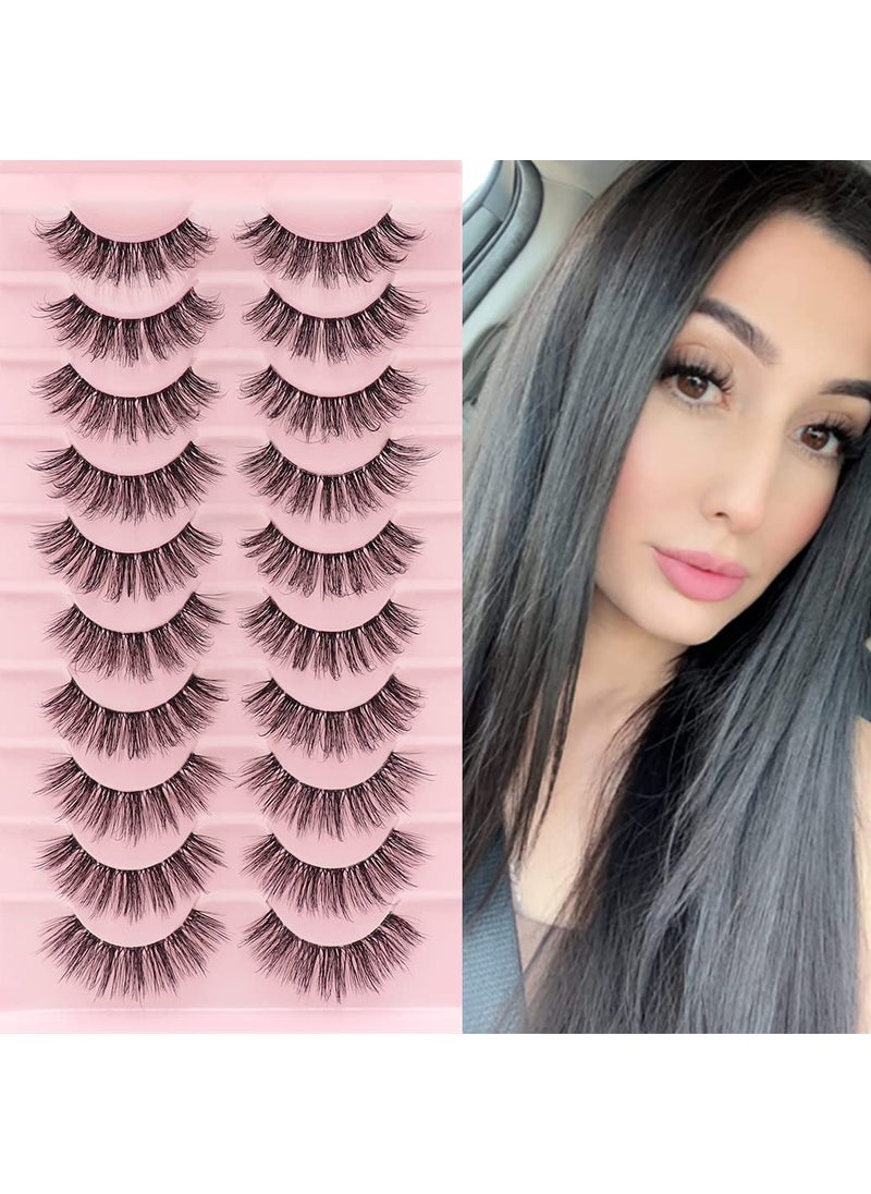 Veleasha Clear Band Lashes 10 Pairs Pack D Curl Russian Strip Lashes,Natural Look Transparent Soft Band Faux Mink Eyelashes for Eye Makeup (D03-T)
